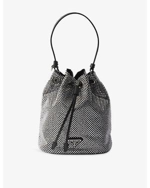 Prada Crystal-Studded Satin Bucket Bag - Black