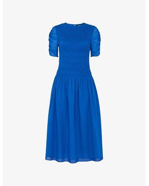 Whistles Avery Smocked-Bodice Short-Sleeve Cotton Midi Dress - Blue