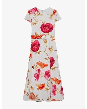 Reiss Lyra Floral-Print Crepe Midi Dress - Red