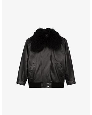 The Kooples Removable-Collar Relaxed-Fit Leather Jacket - Black