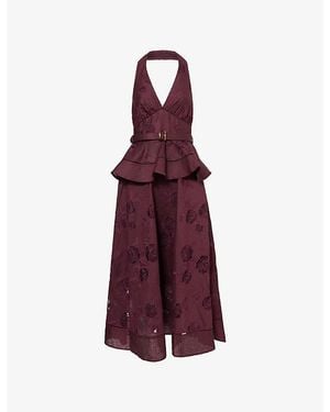 Self-Portrait Belted Peplum Linen-Blend Midi Dress - Purple