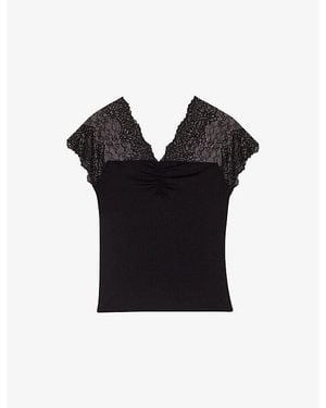 Maje V-Neck Lace-Trim Stretch-Jersey Top - Black