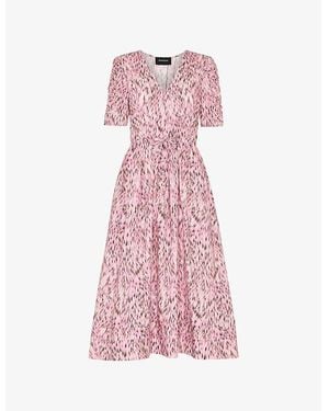 Whistles Leopard-Print V-Neck Cotton Midi Dress - Pink