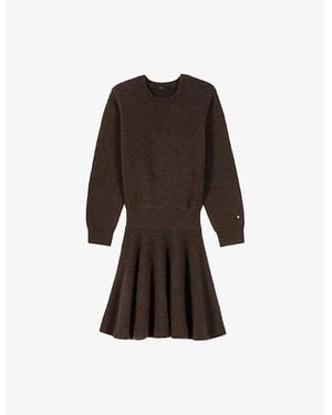 Maje Round-Neck Long-Sleeve Knitted Mini Dress - Brown