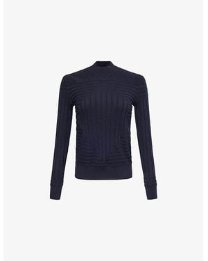 Emporio Armani Geometric-Pattern Ribbed Cotton-Blend Knitted Top - Blue