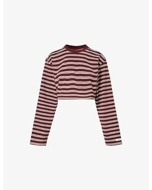 Ru & Rocka Striped Cropped Stretch-Cotton T-Shirt - Red