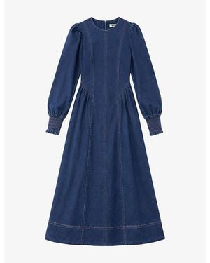 Ro&zo Gathered Long-Sleeve Stretch-Denim Midi Dress - Blue