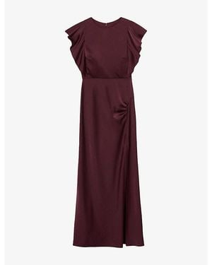 Claudie Pierlot Gathered-Detail Ruffled-Sleeve Satin Midi Dress - Purple