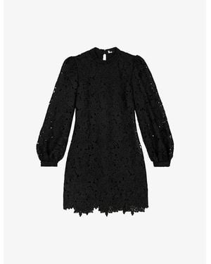 The Kooples Floral-Pattern Puff-Sleeve Guipure-Lace Mini Dress - Black