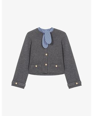 Maje Striped-Collar Cropped Knitted Cardigan - Grey