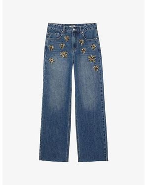 Sandro Rhinestone-Embellished Mid-Rise Jeans - Blue