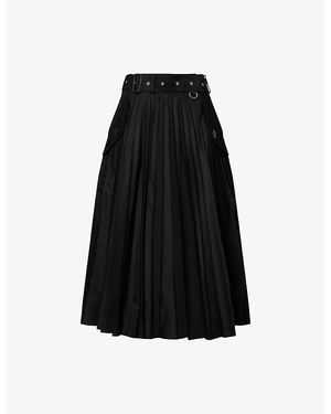 Sacai Pleated Belted Cotton-Blend Midi Skirt - Black
