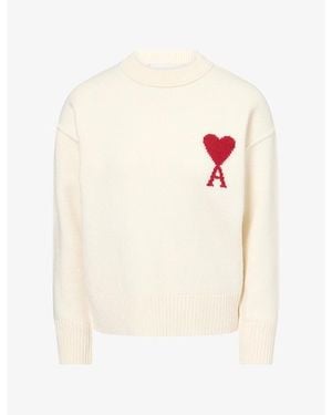 Ami Paris Logo-Embroidered Crewneck Virgin-Wool Jumper - White