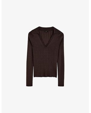 JOSEPH Satiny Polo-Collar Knitted Top - Black