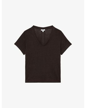 Reiss Lola V-Neck Linen T-Shirt - Black
