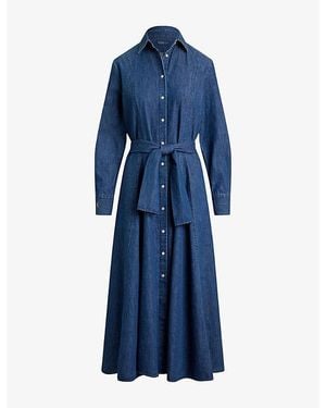 Polo Ralph Lauren Logo-Embroidered Belted Cotton-Chambray Midi Dress - Blue