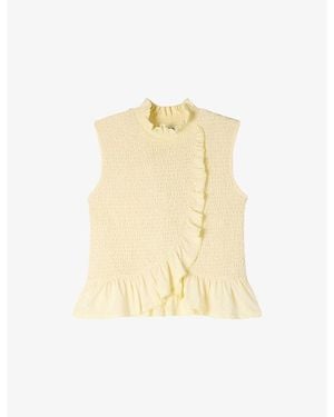 Sandro Smocked Ruffled-Collar Stretch-Woven Top - Metallic