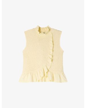 Sandro Smocked Ruffled-Collar Stretch-Woven Top - Metallic