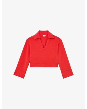 Reiss Bea Premium Interlock Open-Collar Sweatshirt - Red