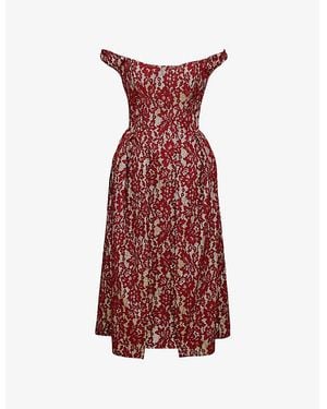 House Of Cb Charming Off-The-Shoulder Lace And Satin Midi Dress - Red