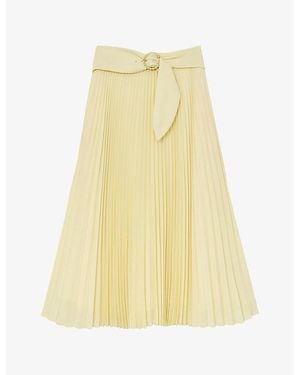 Reiss Amelie Belted-Waist Pleated Woven Midi Skirt - Yellow