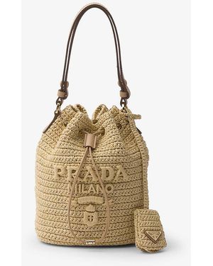 Prada Logo-Embroidered Raffia Bucket Bag - Metallic