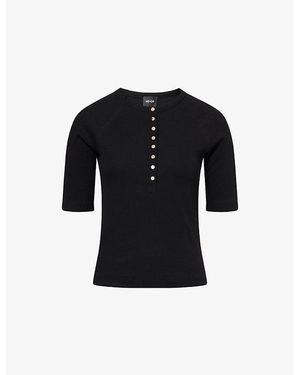 ME+EM Half-Sleeve Ribbed Stretch-Cotton Henley Top - Black