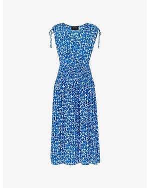 Whistles Abstract-Print Shirred-Panel Woven Midi Dress - Blue