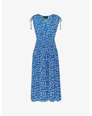 Whistles Abstract-Print Shirred-Panel Woven Midi Dress - Blue