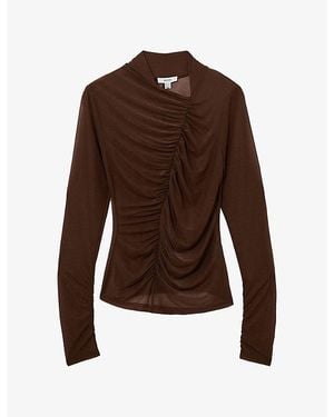 Reiss Robyn Ruched Long-Sleeve Woven Top - Brown