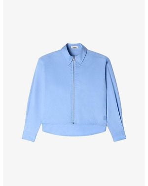Sandro Logo-Embroidered Zip-Up Cropped Cotton Shirt - Blue