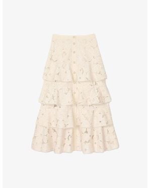 Sandro Floral-Pattern Tiered-Hem Lace Midi Skirt - Natural