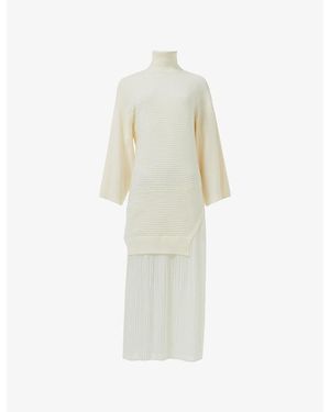 eem High-Neck Ribbed Chiffon-Hem Midi Dress - White