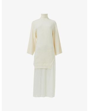 eem High-Neck Ribbed Chiffon-Hem Midi Dress - White