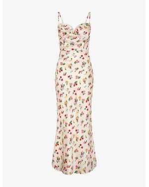 OMNES Belle Cowl-Neck Floral-Dress Satin Midi Dress - Metallic
