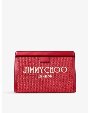 Jimmy Choo Avenue Embroidered-Logo Raffia And Leather Pouch