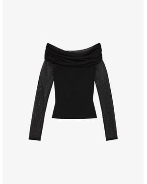 Reiss Angie Bardot-Neckline Stretch-Mesh Top - Black
