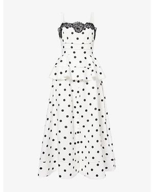 Self-Portrait Polka-Dot Peplum-Waist Linen And Cotton Midi Dress - White