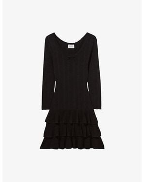 Claudie Pierlot Scoop-Neck Long-Sleeve Fine-Knit Mini Dress - Black