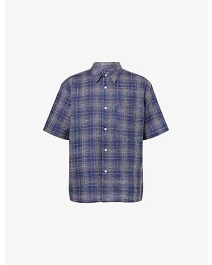 Palmes Checked Short-Sleeve Cotton And Linen-Blend Shirt - Blue