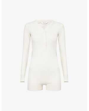 Lounge Underwear Pointelle Long-Sleeve Stretch-Cotton Romper - White