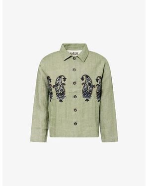 Kartik Research Embroidered Cropped Linen Jacket - Green