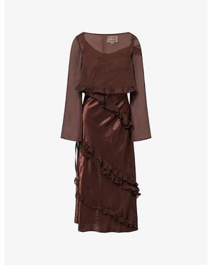 Damson Madder Carmen Ruffle Woven Midi Dress - Brown