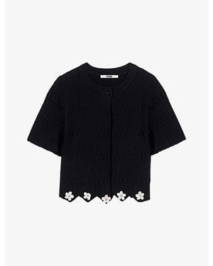 Maje Cropped Jewelled-Button Knitted Cardigan - Black