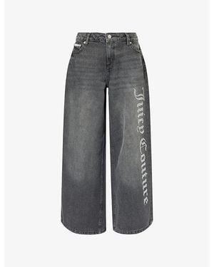 Juicy Couture Diamanté-Logo Wide-Leg Denim Jeans - Gray