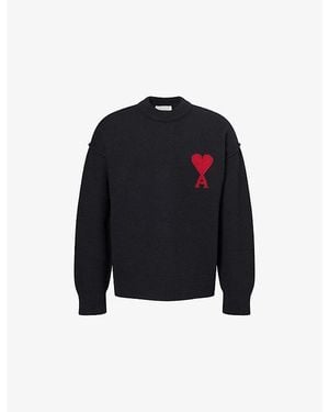 Ami Paris Logo-Knit Crewneck Wool Jumper - Blue