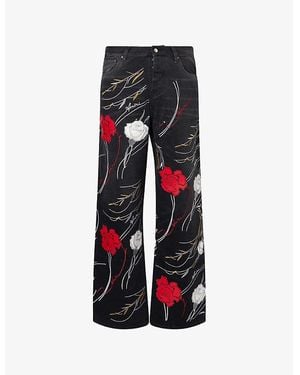 Amiri Floral-Embroidery Baggy Denim Jeans - Red