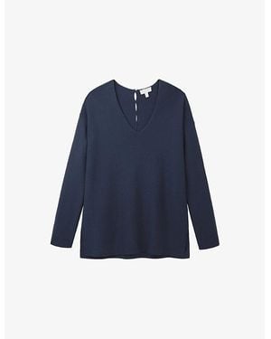 The White Company V-Neck Button-Down Textured Cotton Sweater - Blue