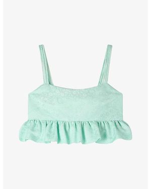 Sandro Ruffled Floral Jacquard Linen-Blend Crop Top - Green