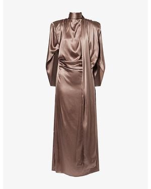 Mugler Draped Long-Sleeve Silk-Blend Midi Dress - Brown